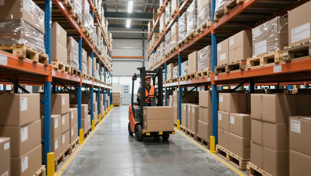 Forklift moving a pallet down a racking aisle in a 3PL warehouse