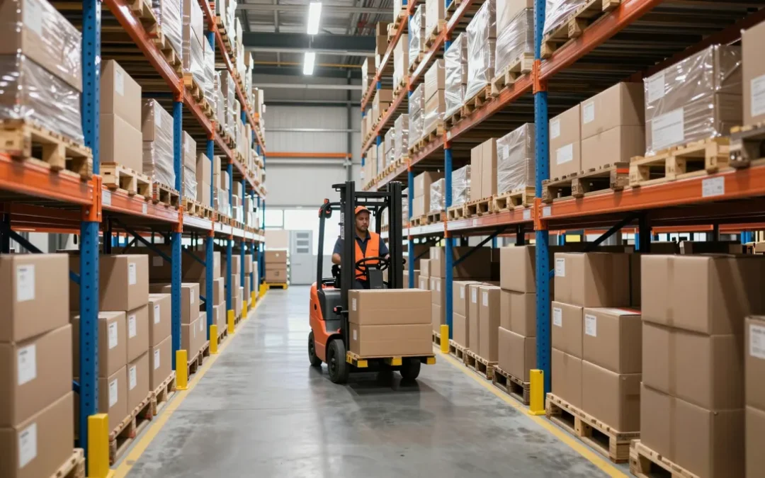 Forklift moving a pallet down a racking aisle in a 3PL warehouse