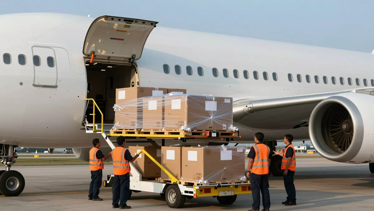 Air Freight Ground crew loading cargo pallets onto an aircraft for air freight shipping