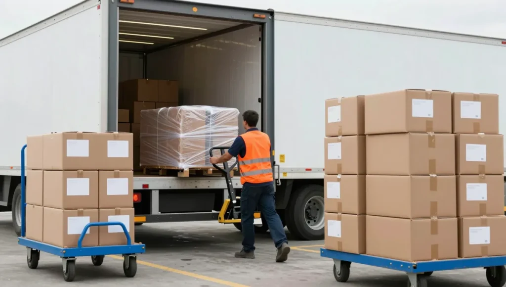 Pallet being loaded onto a truck at a warehouse loading dock with parcels ready for courier pickup