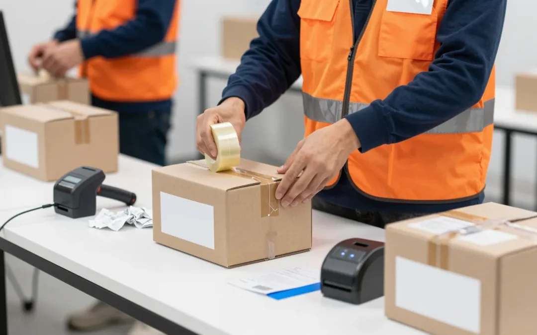 Worker sealing an e-commerce order box at a pick and pack station