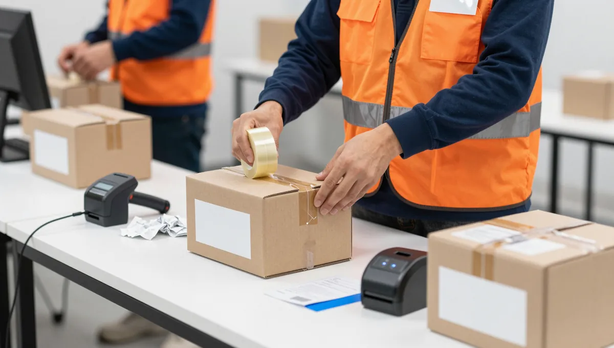 Worker packing an order box at a kitting and pack station