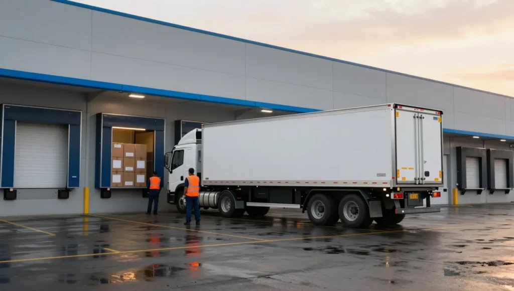 Truck at a warehouse loading bay for freight and logistics services