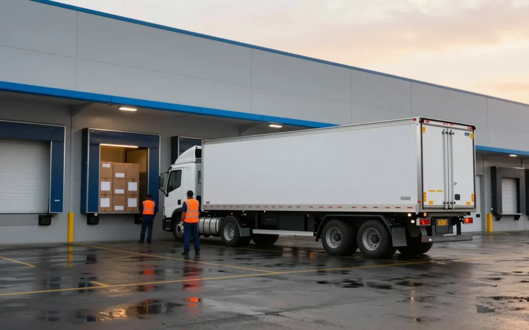 Truck at a warehouse loading bay for freight and logistics services
