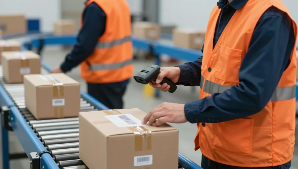 Worker scanning order barcodes on a conveyor in a fulfillment centre
