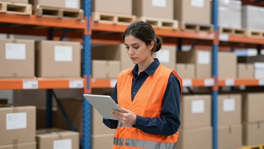 Warehouse supervisor checking inventory on a tablet in a storage aisle